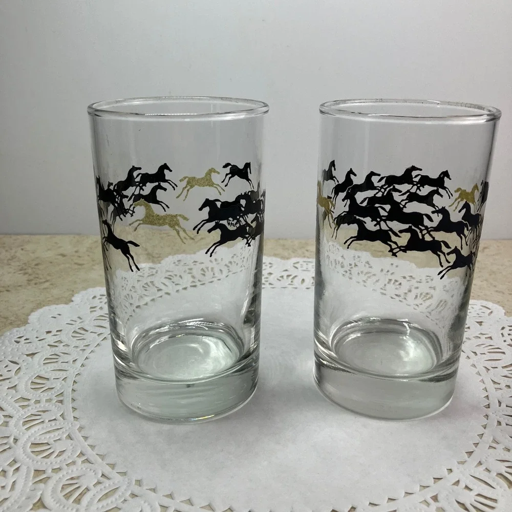 J. Scott Highball Glasses Set of 2 Clear Black Gold Running Horses Vintage